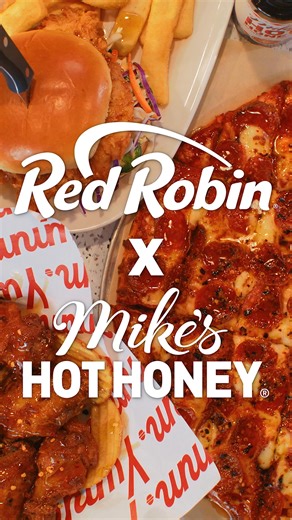 Meet Red Robin's newest menu items featuring Mike's Hot Honey!​ 🔥Hot Honey Wings ​ 🔥Hot Honey Crispy Chicken Sandwich​ 🔥Hot Honey Pepperoni Pizza​ A little sweet, a little heat and completely irresistible! Get ‘em while they’re hot! 🍯🔥 | Red Robin Gourmet Burgers