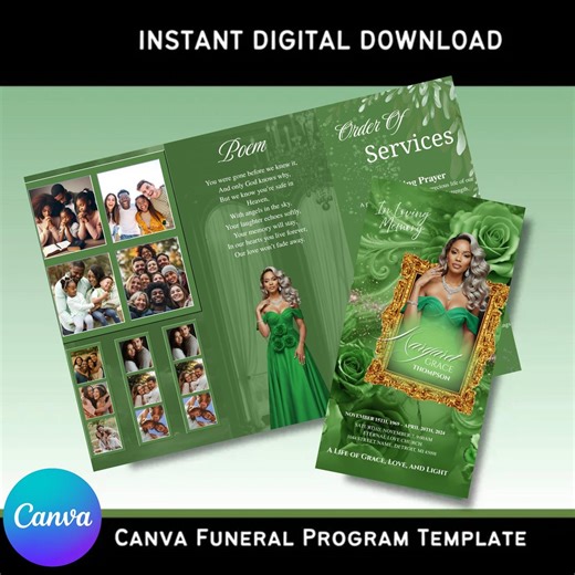 Green Funeral Program Template Trifold - Classic Memorial Programs, Printable Funeral Brochure, Order of Service - Etsy