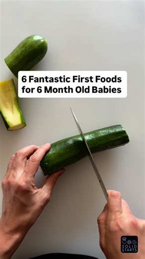 Starting solids? Here are 6 fantastic first foods your baby will love! 🥒🍝🥕🍊 Learn the safest way to serve any food to your baby in the Solid Starts App! ✨Save this and share it with a friend who is getting ready to start solids with their baby! | Solid Starts