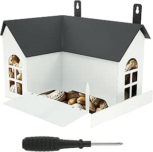 Squirrel Feeder, Squirrel Feeders for Hanging Outside,Mini Chipmunk Outdoors Squirrel Picnic Bench Feeders Table,Two Outlets Metal House Boxes with Drainage Hole, Keeps Food Fresh,Suitable for Outdoor