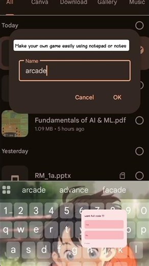 How to make an arcade game using notes and html, coding on phone, html, css, javascript, notepad.