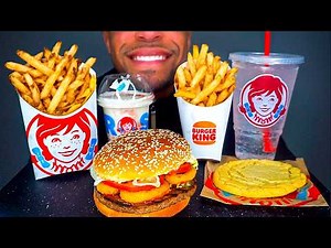 ASMR WENDY'S VS BURGER KING MUKBANG CHICKEN NUGGETS FROSTY WHOPPER SNICKERS PIE *NO TALKING* EATING