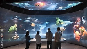 An interactive holographic display presents realistic images in mid-air, with animated characters engaging with the viewers.