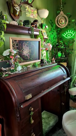 Cozy Fantasy Gaming Desk Setup with a Touch of Goblincore