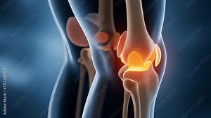 Animated Human Knee Joint Anatomy with Ligaments and Bone Structure against a Blue Background