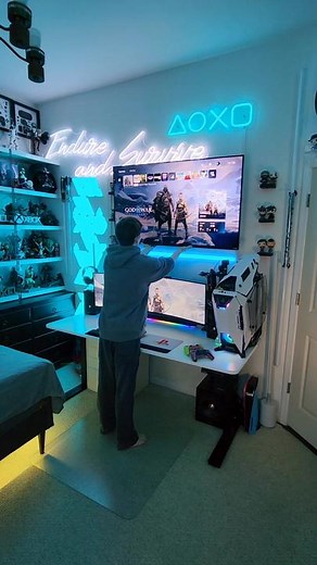 Is your Gaming TV mounted on the wall? 📺 We got this amazing Dual Arm TV Wall Mount with Extra Long Extension gifted from @mount_it setup last year and are still loving it! It holds our giant 55in TV perfectly and adjustments are easy to make on the fly. We angle it towards our bed so it's easy to game on 🔥😁 #gamingontiktok #godofwarragnarok #gaming #PS5 #gamingsetup