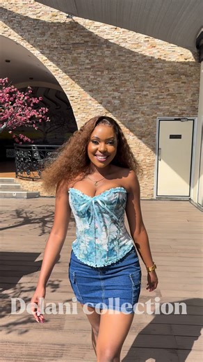Delani Collections on Instagram: "Blue on blue done right . A structured corset paired with a classic denim skirt .. Shop our new drop @delani_collections Corset|2500 Skirt |2000 📍Sawa mall B1/B15"