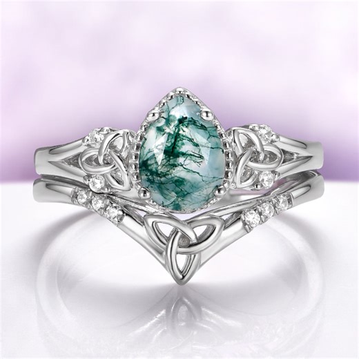 Celtic Knot Moss Agate Engagement Ring Set in 14K White Gold
