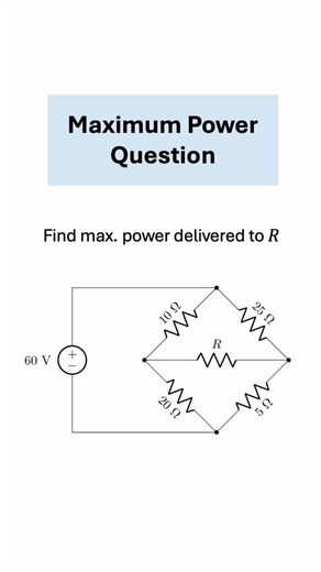 ElectricalMath on Instagram: "Finding the maximum power that can be delivered to a resistor R in a bridge circuit. After my recent video deriving the formula for maximum power transfer, this video showcases a full example. A very instructive exercise that contains many fundamental topics in a circuit analysis course: Ohm’s law, series/parallel combinations, current division, nodal analysis, and Thévenin equivalent circuits. #electrical #electricalengineering #electricalengineer #electronics #ele