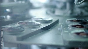 Packaged food at packaging line/Yogurt packaged in plastic containers on production line/Packing machine on dairy factory/Automated process at food factory/Packaging equipment at dairy factory