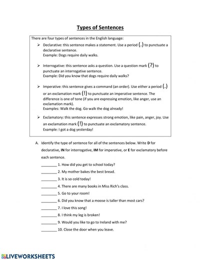 Types of Sentences worksheet