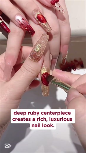 Ruby Jewel Gold Nails 🌿✨, nail art ideas for beginners. #makeup episode 48