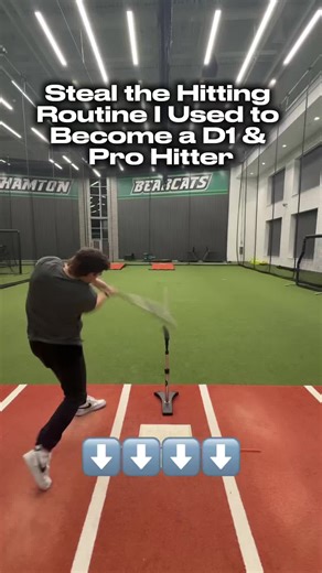 👇 FULL ROUTINE BELOW Most hitters struggle because they’re just taking random swings in the cage. They hit balls… But they’re not actually developing their swing. When I started playing at the Division 1 level, I realized the best hitters follow a structured progression every time they train. Here’s the structure I used. 1️⃣ Connection Work Start with drills that keep the barrel connected through the baseball. This eliminates: • rollovers • getting around the ball • weak contact 2️⃣ Direction T