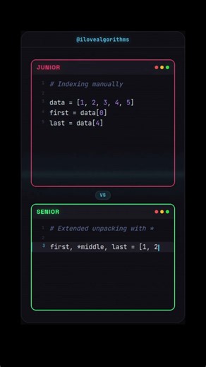 Junior vs Senior Python (Unpacking) #python #datastructures #shorts @ilovealgorithms