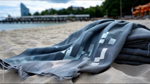 A gray towel with a light gray geometric pattern lies on a sandy beach.