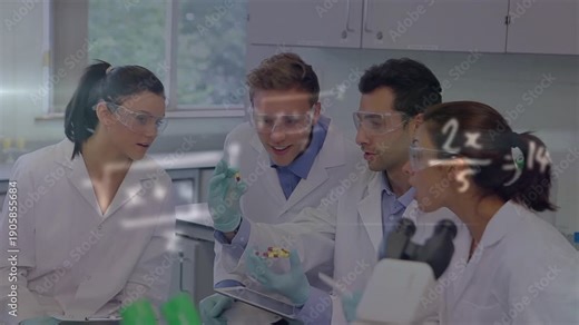 Research team lifting sample with forceps in lab, math overlay drifting across faces for analysis