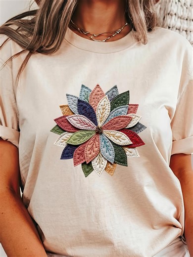 Realistic Flower Applique Quilt T-shirt – Botanical, Floral Patchwork Design Tee Comfort Colors - Etsy
