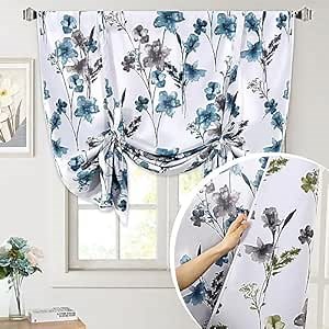 H.VERSAILTEX Reversible Tie Up Curtains Cattleya Floral Printed Rod Pocket Panel for Small Window - Reversible in Blue/Olive ，42" Wide by 45" Long