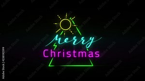 Neon Merry Christmas - High Resolution Animated Illustration. Colorful Hand Drawn Lettering. Animation with Electric Street Light. Handwritten Motion Graphics Callighraphy Design with Alpha Channel.