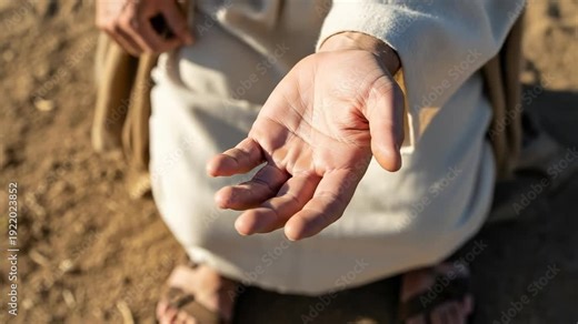 Jesus Christ reaching out hand for invitation and healing, biblical man in robes and sandals