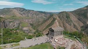 Popular temple Garni, In Armenia. Aerial view Garni pagan in Caucasus. The hellenistic temple in Caucasus. Ancient archeological ruins in Armenia. . High quality 4k footage