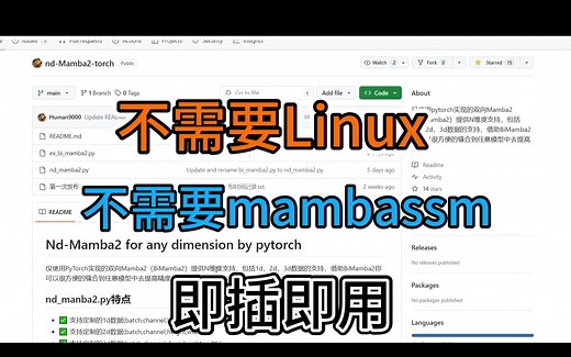 仅使用pytorch实现的即插即用Mamba模块，不需要linux环境和mambassm库