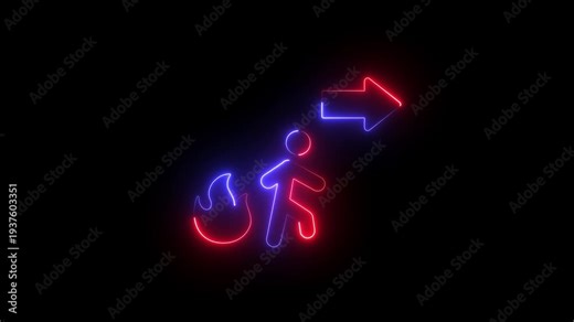 neon fire and exit symbol icon . Emergency exit sign with stick figure running at the door with arrow on a black background. Emergency exit sign Protection symbol Fire icon Motion graphics.4k video