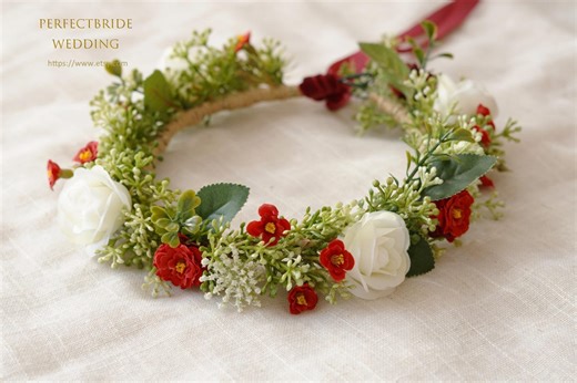 Wedding Floral Crown ,red and White Bride/bridsmaid Headband, Meadow Flower Headpiece - Etsy