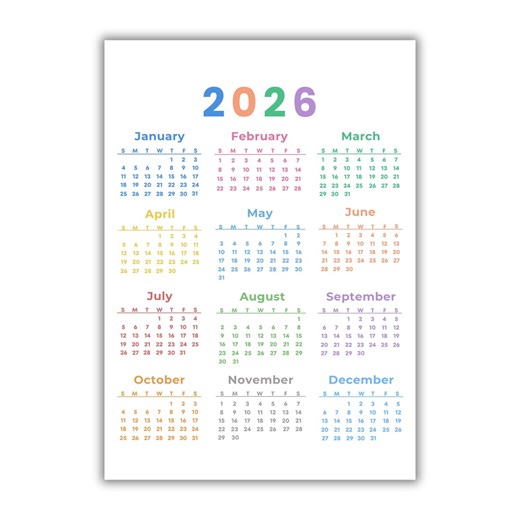 2026 Calendar, One Page Year at a Glance Printable Calendar, Monday & Sunday Start - Etsy UK