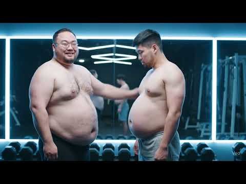 Male belly grow at gym with touches