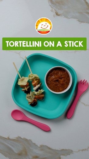 Stick to the delicious side of meal time with this tasty, recipe for 12M ! Feel free to use any veggies that your toddler loves in this recipe – possibilities are endless! Check out the full recipe down below. Ingredients ½ cup whole grain tortellini cooked and cooled ¼ cup cherry tomatoes ¼ cup of black olives ¼ cup mushrooms quartered ½ cup of marinara sauce 6-8 wooden skewers Cut veggies and thread on to a wooden skewer Heat marinara sauce in the microwave and add in your favorite savory Happ