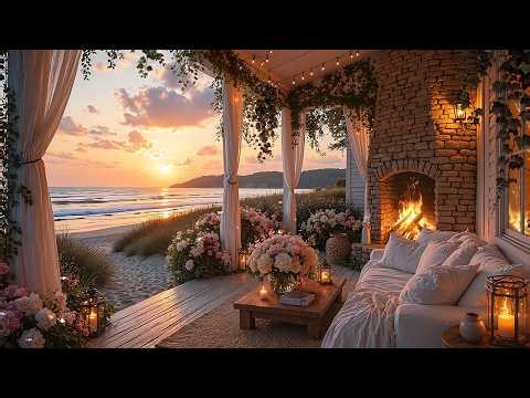 Sunset Serenity on a Beach Cottage Porch 🌅🔥 Crackling Fire & Ocean Waves for Deep Sleep