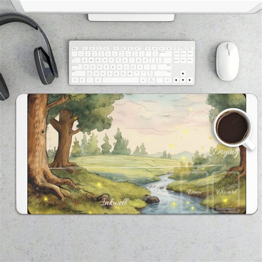 Large Gaming Mouse Pad Watercolor Forest River, Glowing Fireflies Desk Mat, Peaceful Nature Landscape Extended Mousepad Offic - Etsy
