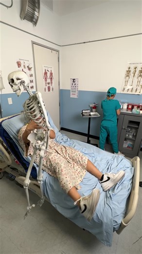 Patient use a toy skeleton to scare doctor