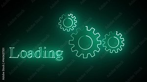 Loading bar, downloading bar, loading screen progress animation with blue color neon. Loading icon with settings icon. Neon glowing blue color gear setting icon on black background animation.