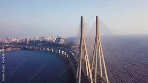 A Long Bridge on Sea. Drone Camera Footage. Bridge on sea connected with Mumbai city.