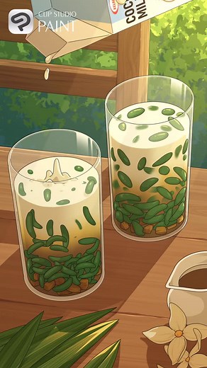 Alfeus Christie on Instagram: "Last month, I came across a cart selling Cendol near a commercial area in my town and decided to buy one. It’s been about 4-5 years since I last tasted it. Just one spoon, and I feel refreshed. The pandan green rice flour jelly, coconut milk, diced jackfruit, and palm sugar syrup—everything is perfect, just like it was. Too bad it’s rare to find one nowadays. I’ve been considering creating an animation based on this drink, so I did it when I collab with @clipstudio