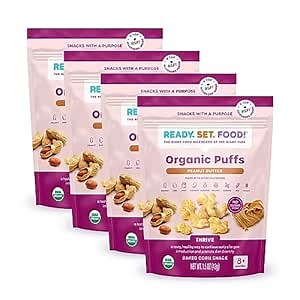 Ready Set Food Organic Puffs – Early Allergen Introduction Snack Puffs w/ 9 Top Allergens: Organic Peanuts, Cashew, Egg & More, No Added Sugar, Babies 8+ Months (Peanut Butter, 4 Pack)