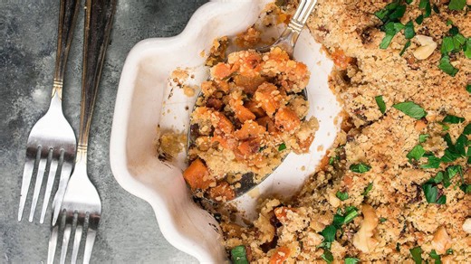 Savory Butternut Squash Casserole with Bacon and Walnut Crumble