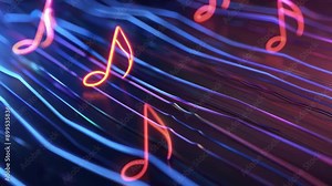 Neon 3D music notes spiraling in space, 3D background music, vibrant and energetic
