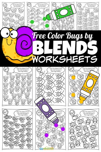 FREE Printable Bug Color by Blend Worksheets for Kids https://www.123homeschool4me.com/bug-coloring-by-blends-worksheets/ | 123 Homeschool 4 Me | Facebook