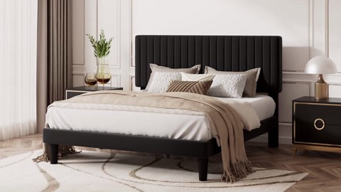 Amolife Queen Size Upholstered Platform Bed Frame with Adjustable Velvet Headboard, Lake Blue