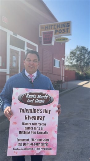 Local Ford & Lincoln Dealer🤝 on Instagram: "💘 Valentine’s Day Giveaway! 💘 We’re giving one lucky winner Dinner for Two at Hitching Post 🍽️ ✨ $250 Gift Card 📅 February 14 ⏰ 6:30 PM reservation already set How to Enter: ❤️ Like our page 💬 Comment on this post 🔁 Share this post ⚠️ Important: The reservation is locked in for February 14 at 6:30 PM. If you can’t make that date and time, please do not enter. Winner will be announced soon — good luck! 💕🍷 #giveaway #santamariaford #explorer #hi