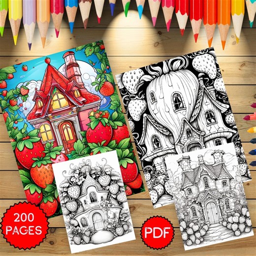 Strawberry House Coloring Pages, 200 Fantasy Cottage Designs for Adults and Kids, Cute Fruit Houses and Whimsical Garden Printable Coloring - Etsy