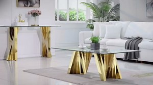 Goujxcy Modern Glass Coffee Table with Tempered Glass Top and Silver Mirror Finish Stainless Steel Base for Living Room