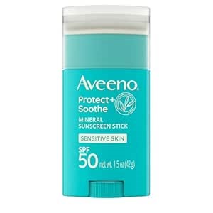 Aveeno Protect + Soothe Mineral Sunscreen Stick for Sensitive Skin, SPF 50, Water-Resistant for 80 minutes, Face & Body Sunscreen with Zinc Oxide & Oat, Fragrance-Free, Travel Size, 1.5 OZ