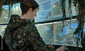 Loop animation.Young male coder working intently at multi-screen setup in a cyberpunk environment.