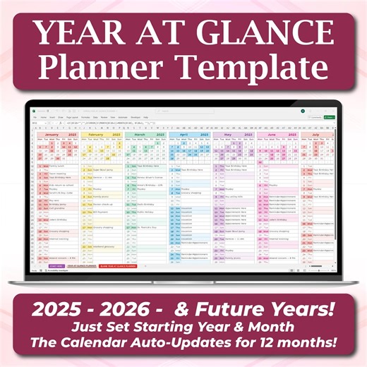 Year at a Glance Calendar Template, Excel Yearly Planner, Auto Updating Calendar, Start Any Month, Google Sheets Planner, Event Calendar - Etsy