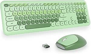 surmen Cute Green Keyboard and Mouse Wireless, Full-Size Retro Typewriter Wireless Silent Colorful Keyboard Low-Noise 2.4GHz for Home and Office（Light Green）
