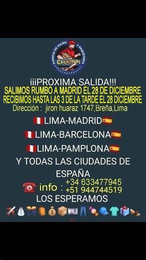 🔥ENVÍO DE PAQUETERIA DE PERÚ A ESPAÑA🔥 Te llevamos todo lo que tu desees de PERÚ a ESPAÑA desde 15 euros el kilo ❗️salimos 3 veces por semana❗️ ☎️Info : 622687444 👉Tenemos nuestra oficina en Madrid : avenida del doctor Federico rubio y Gali 45 , metro franco Rodriguez ,Línea 7 de metro (salida Alejandro Rodríguez)Tef: 622687444 Atendemos en Madrid todos los días del año , incluido sábados, domingos y festivos de 10 de la mañana a 10 de la noche 👉nuestra nueva oficina en Lima se encuentra en 